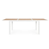 tavolo allungabile hilija effetto legno e struttura in alluminio bianco 160×90 cm – 240×90 cm, ambientazione in giardino con...