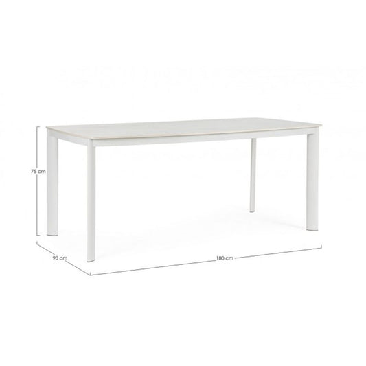 tavolo fisso alcora in pietra naturale e struttura in alluminio bianca 180×90 cm, dettaglio dei materiali trattati per uso...