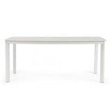 tavolo fisso alcora in pietra naturale e struttura in alluminio bianca 180×90 cm, ambientazione in giardino con sedie...