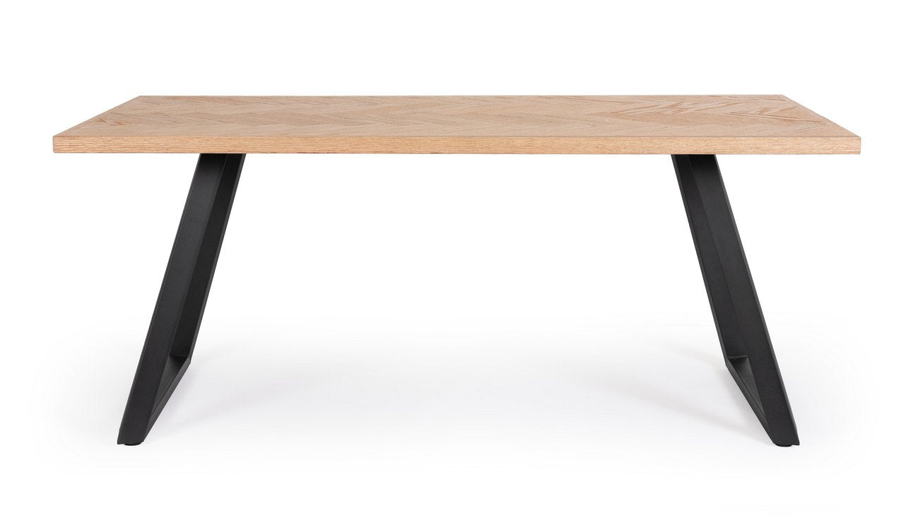 tavolo dukat in legno naturale e gambe in acciaio nero 180 x 90 cm, dettaglio della struttura in legno o metallo