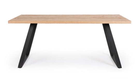 tavolo dukat in legno naturale e gambe in acciaio nero 180 x 90 cm, dettaglio della struttura in legno o metallo