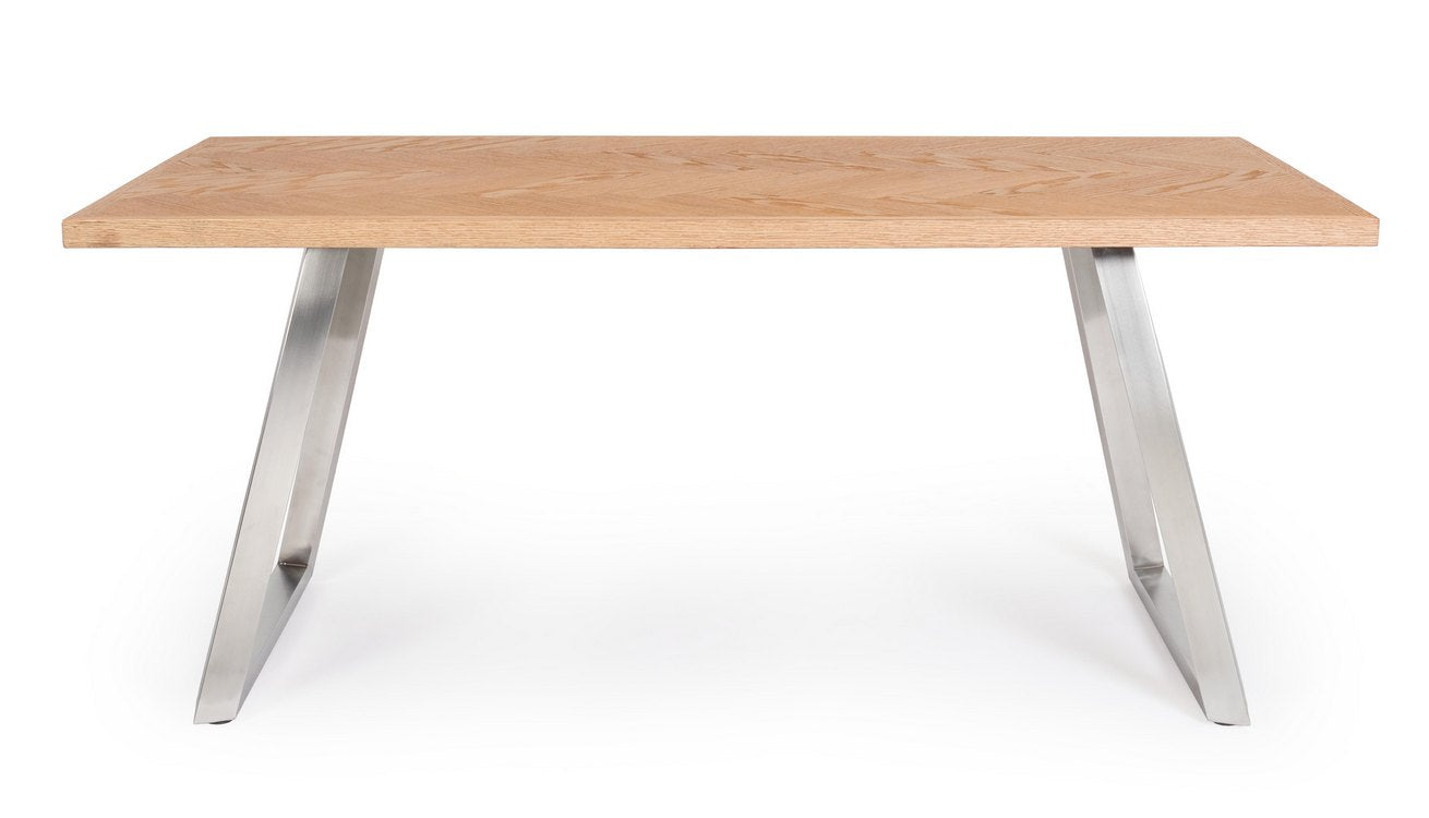tavolo dukat in legno naturale e gambe in acciaio 180 x 90 cm, dettaglio della struttura in legno o metallo