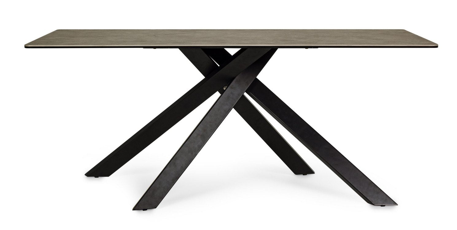 tavolo messier in ceramica marrone e gambe in acciaio nero, 180 x 90 cm, vista ambientata con sedie abbinate