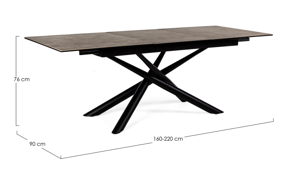 tavolo seyfert in ceramica marrone e gambe in acciaio nero, allungabile 160 x 90 cm – 220 x 90 cm, ambientazione d’arredo...