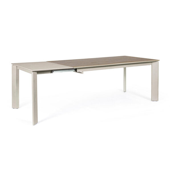 Tavolo BRIVA in acciaio tortora e piano in ceramica marrone, allungabile 160×90 cm – 220×90 cm