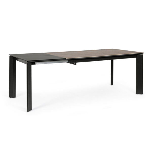 Tavolo BRIVA in acciaio nero e piano in ceramica marrone, allungabile 160×90 cm – 220×90 cm