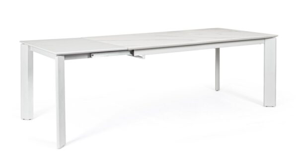 Tavolo BRIVA in acciaio grigio chiaro e piano in ceramica effetto marmo, allungabile 160×90 cm – 220×90 cm