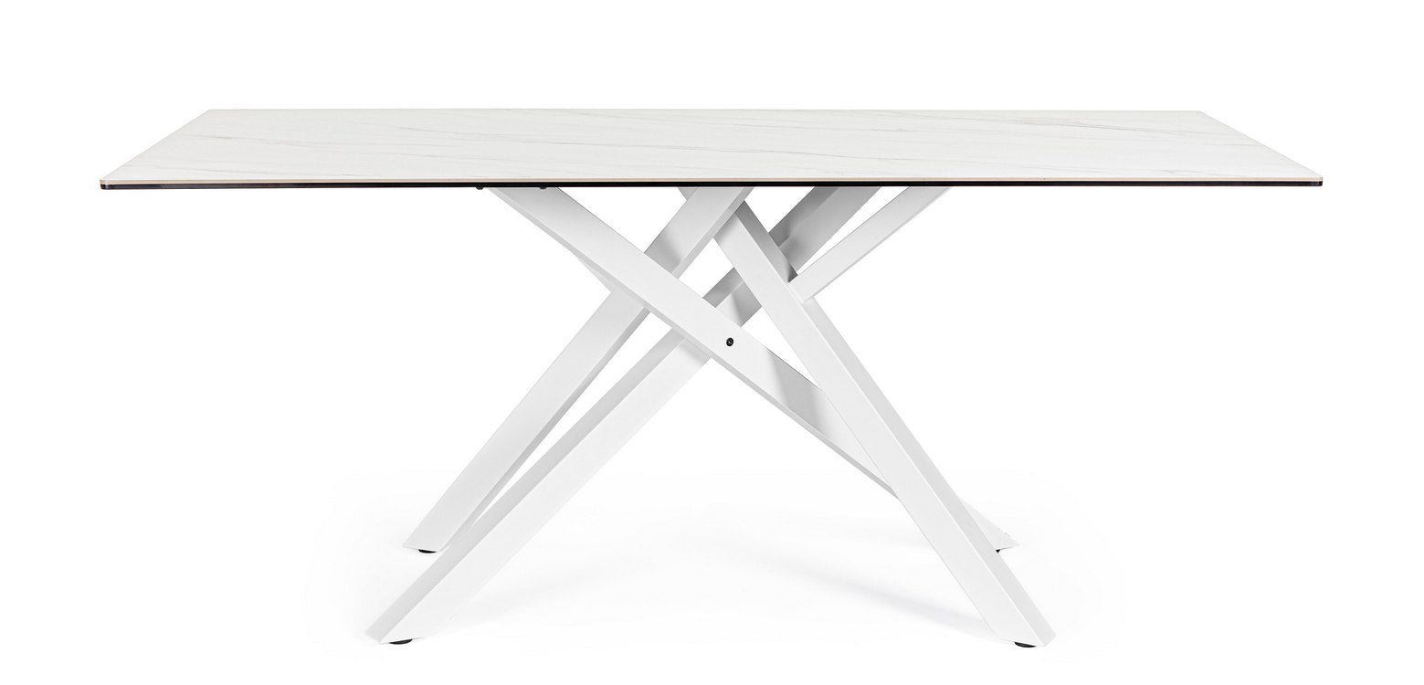 tavolo sean in ceramica effetto marmo e gambe in acciaio bianche 180×90 cm, dettaglio della struttura in legno o metallo