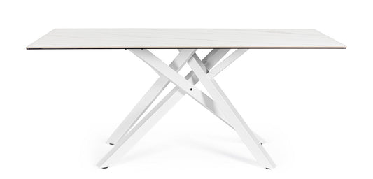 tavolo sean in ceramica effetto marmo e gambe in acciaio bianche 180×90 cm, dettaglio della struttura in legno o metallo