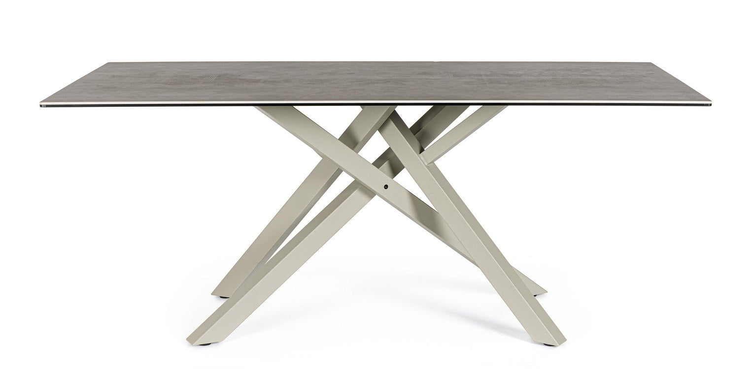 tavolo sean in ceramica effetto cemento e gambe in acciaio tortora 180×90 cm, dettaglio della struttura in legno o metallo