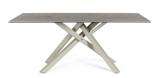 tavolo sean in ceramica effetto cemento e gambe in acciaio tortora 180×90 cm, dettaglio della struttura in legno o metallo