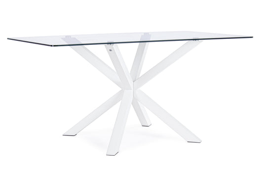 tavolo rettangolare may in vetro, gamba incrociata acciaio bianco 160×90 cm, tavolo elegante adatto a sala da pranzo o cucina