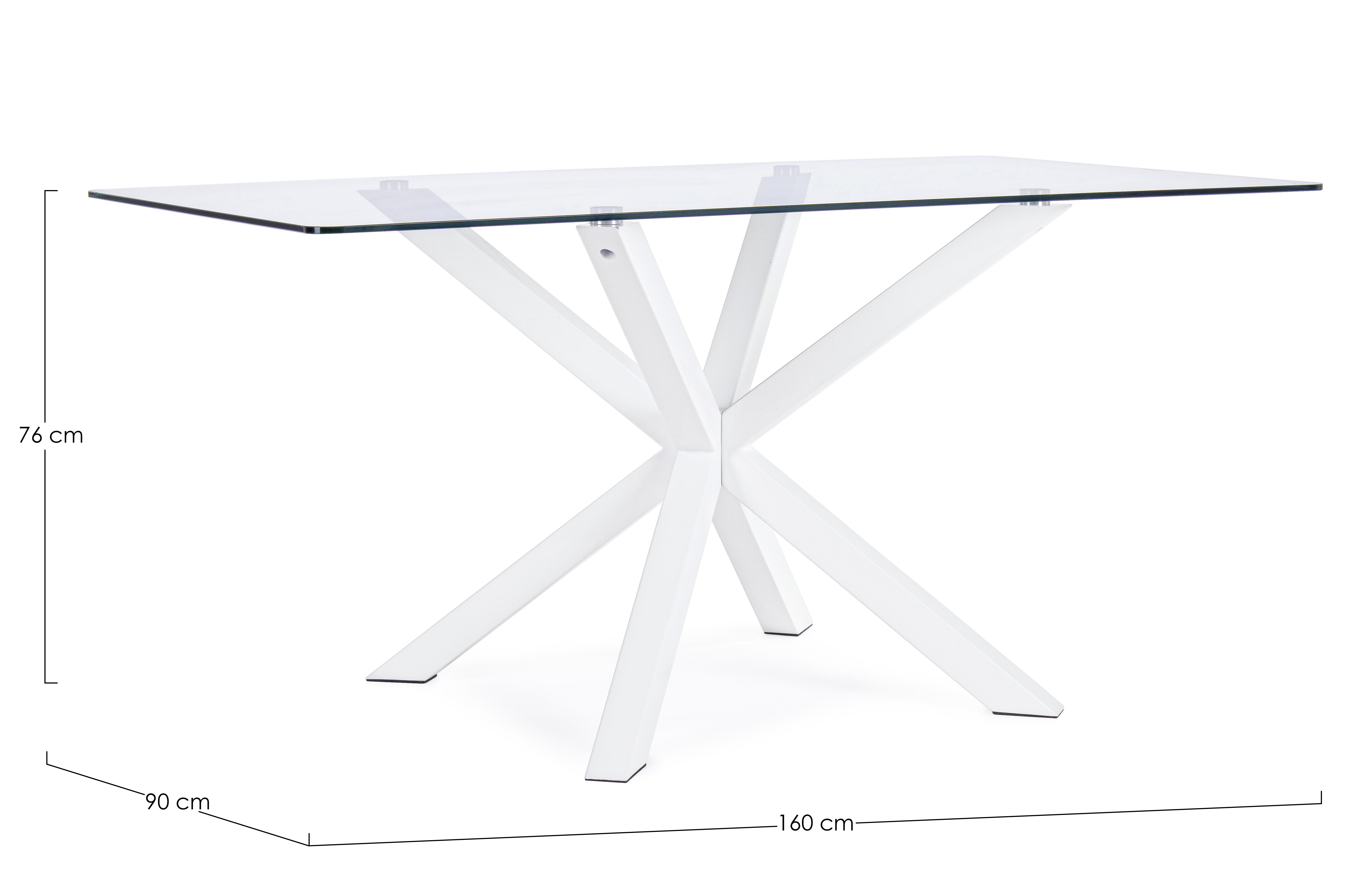 tavolo rettangolare may in vetro, gamba incrociata acciaio bianco 160×90 cm, vista ambientata con sedie abbinate