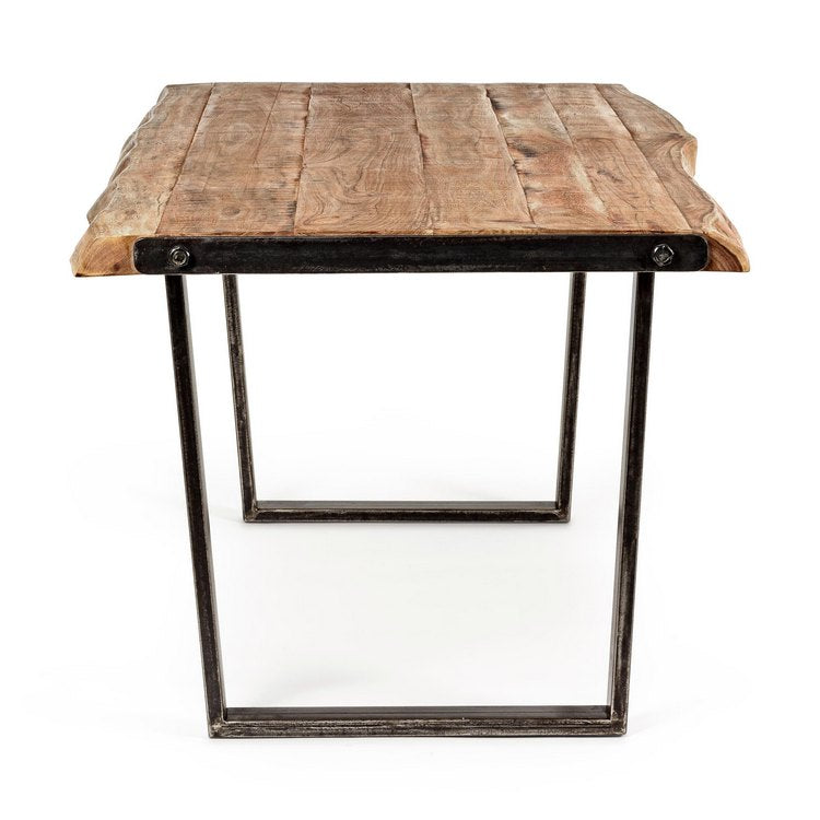 tavolo elmer in legno di acacia e gambe in acciaio nero, 180×90 cm, vista ambientata con sedie abbinate