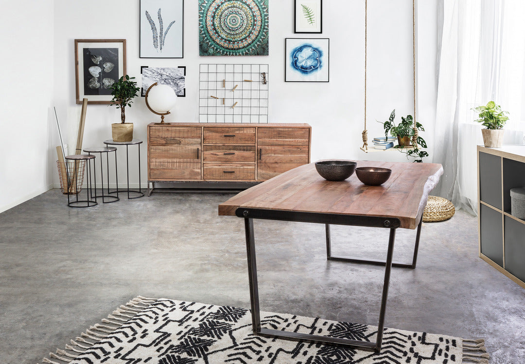 tavolo elmer in legno di acacia e gambe in acciaio nero, 180×90 cm, tavolo stabile con finiture curate