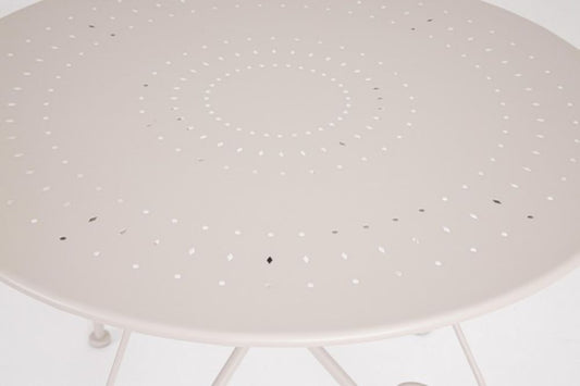 tavolo etienne in acciaio beige ø90 cm, dettaglio dei materiali trattati per uso esterno