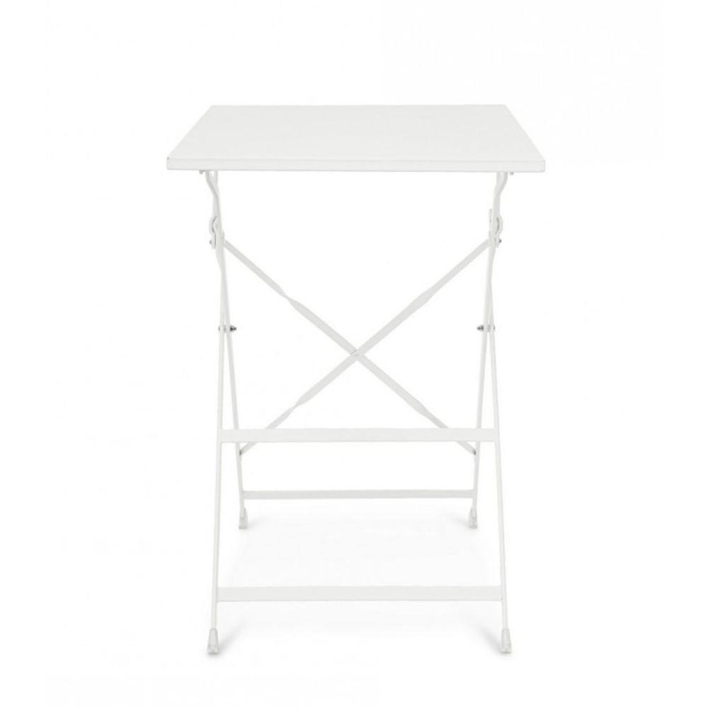tavolo yasmin rettangolare in acciaio bianco 50 x 70 cm, pieghevole, ambientazione in giardino con sedie coordinate