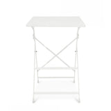 tavolo yasmin rettangolare in acciaio bianco 50 x 70 cm, pieghevole, ambientazione in giardino con sedie coordinate