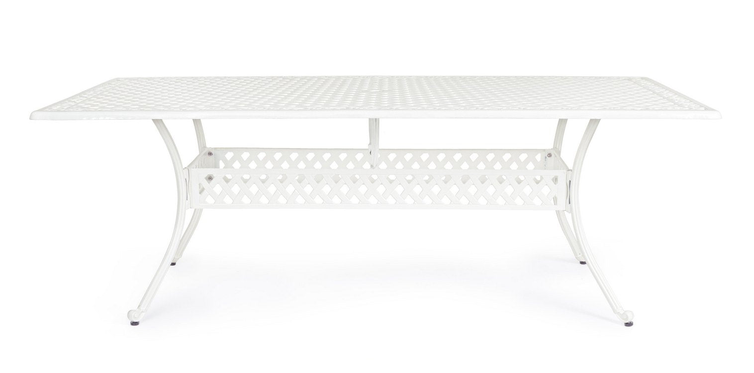 tavolo rettangolare ivrea in alluminio bianco 213×107 cm, ambientazione in giardino con sedie coordinate