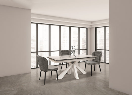 tavolo beverly hills in vetroceramica effetto marmo statuario e metallo bianco, allungabile 160×90 cm – 240×90 cm, dettaglio...