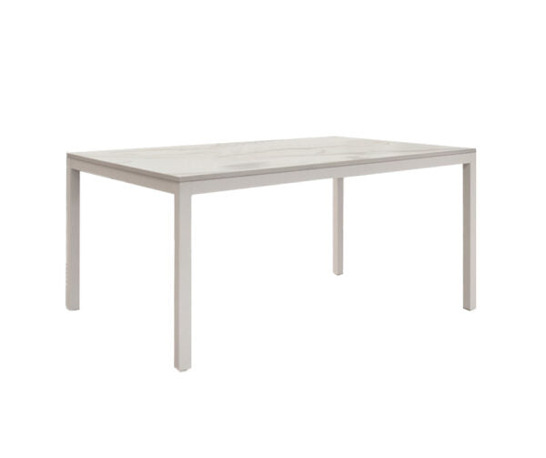 Tavolo TROPEA in legno, finitura marmo statuario e metallo verniciato bianco, allungabile 160×90 cm – 220×90 cm