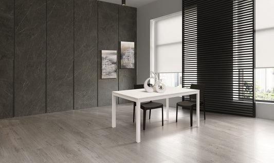 tavolo tropea in legno, finitura bianco frassinato e metallo verniciato bianco, allungabile 140×80 cm – 190×80 cm, dettaglio...
