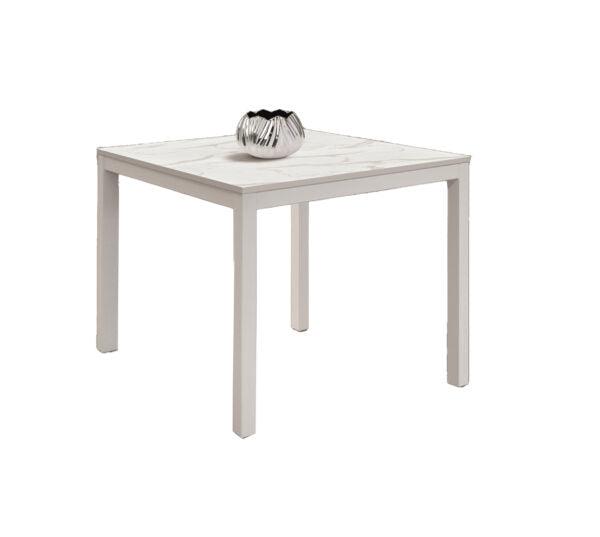 Tavolo TROPEA in legno, finitura marmo statuario e metallo verniciato bianco, allungabile 90×90 cm – 180×90 cm