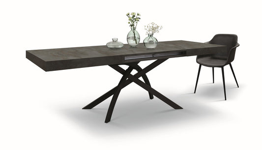 tavolo gorgona in legno, finitura in acciaio ossidato e metallo verniciato antracite, allungabile 140×90 cm – 220×90 cm,...