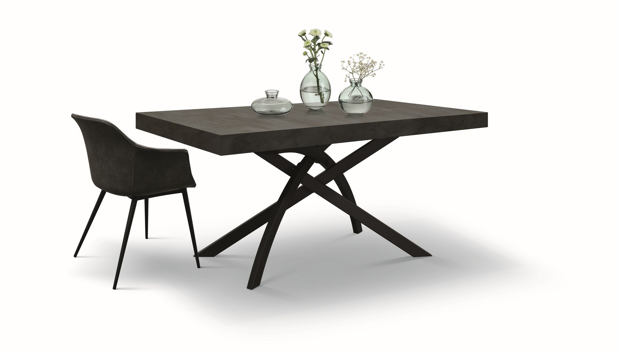 tavolo gorgona in legno, finitura in acciaio ossidato e metallo verniciato antracite, allungabile 160×90 cm – 240×90 cm,...