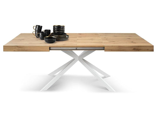 tavolo camaiore in legno, finitura rovere rustico e base a x in metallo bianco, allungabile 160×90 cm – 240×90 cm, dettaglio...