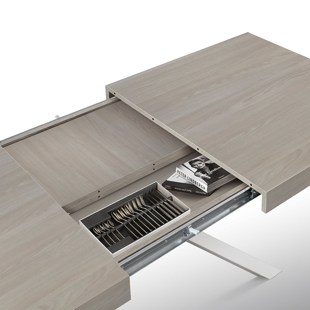 tavolo camaiore in legno, finitura olmo perla e base a x in metallo bianco, allungabile 160×90 cm – 240×90 cm, design...