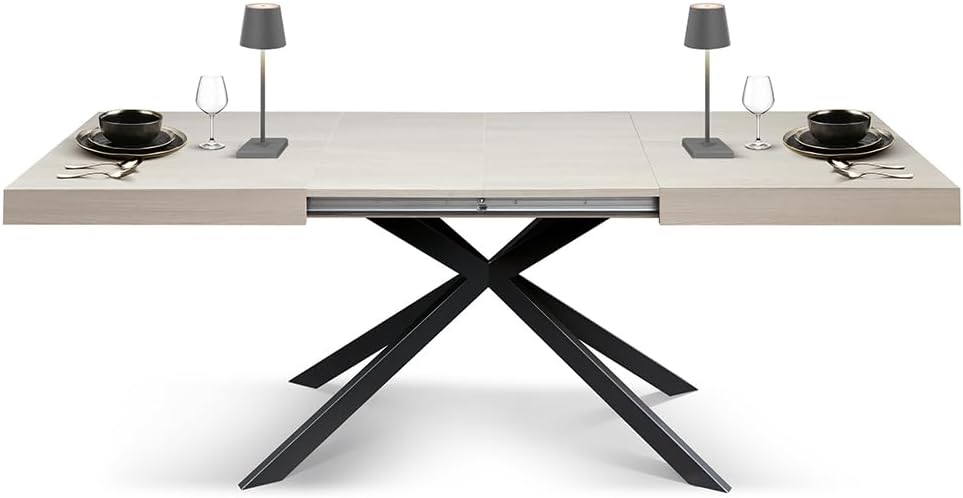 tavolo camaiore in legno, finitura olmo perla e base a x in metallo antracite, allungabile 140×90 cm – 220×90 cm, dettaglio...