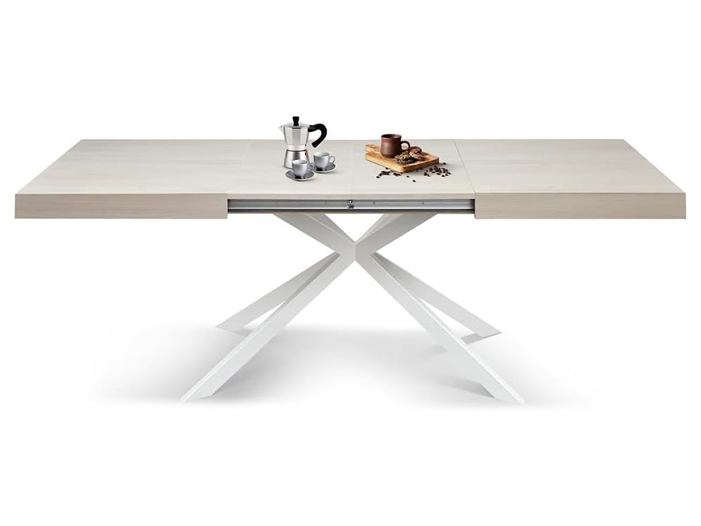 tavolo camaiore in legno, finitura olmo perla e base a x in metallo bianco, allungabile 140×90 cm – 220×90 cm, dettaglio...