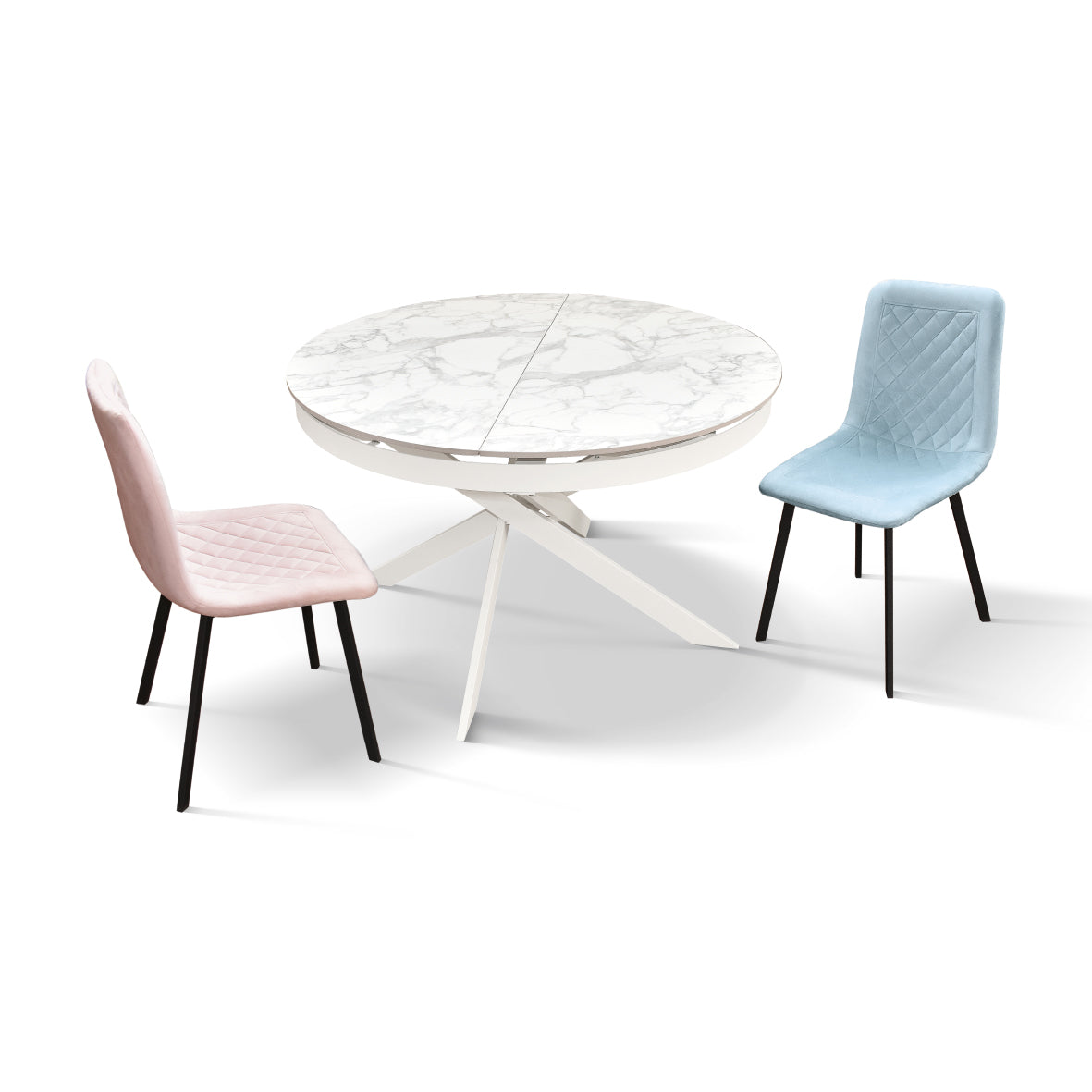 tavolo filicudi rotondo ø120 allungabile, in ceramica effetto marmo e base bianca metallo, dettaglio della struttura in...