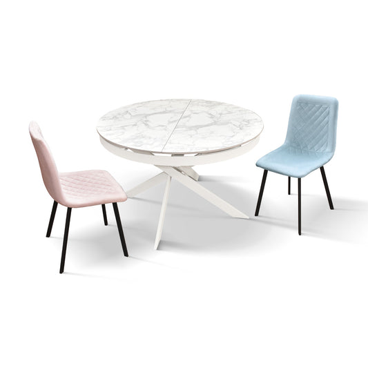 tavolo filicudi rotondo ø120 allungabile, in ceramica effetto marmo e base bianca metallo, dettaglio della struttura in...