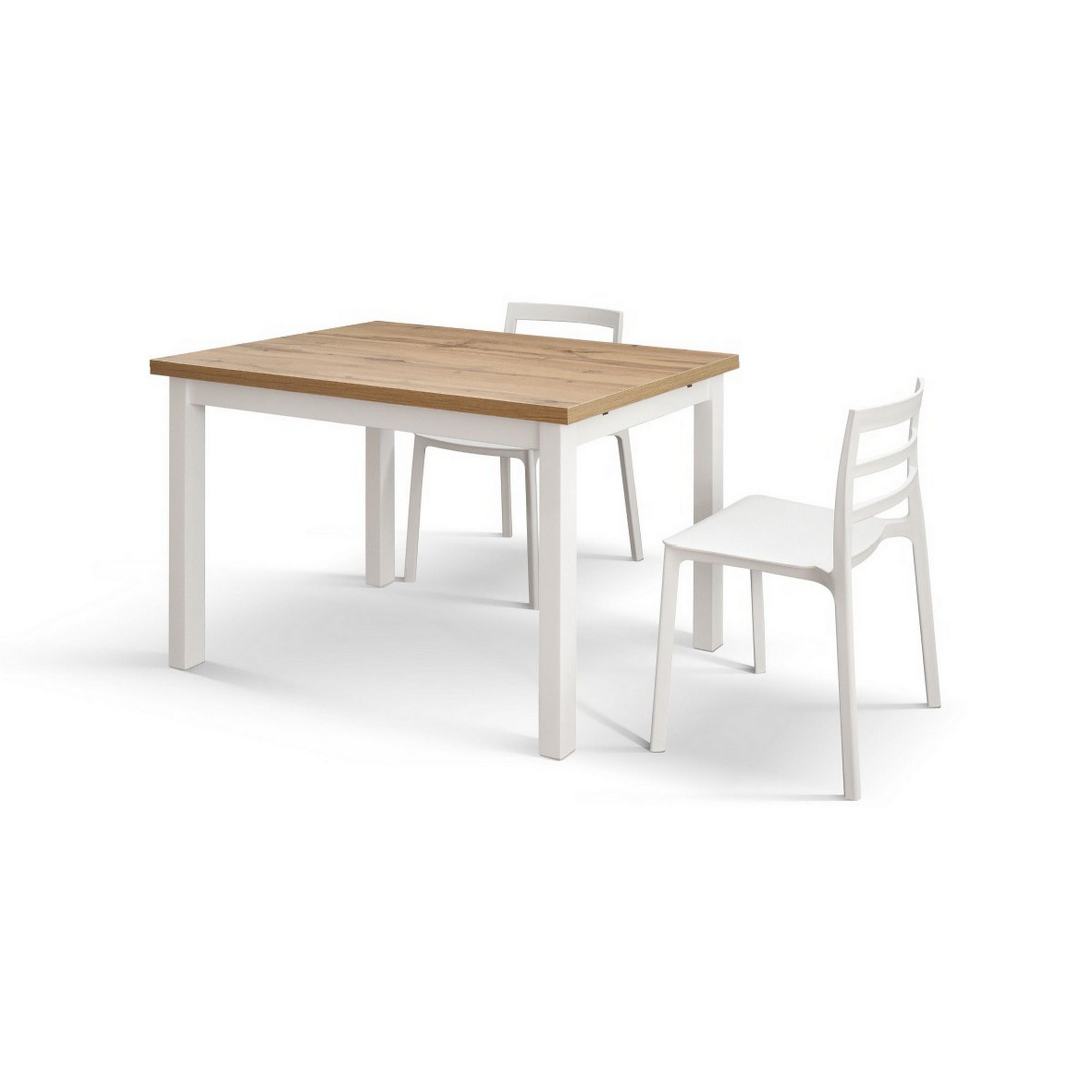 tavolo positano in legno effetto rovere e gambe bianche, allungabile 110×70 cm – 190×70 cm, dettaglio della struttura in...