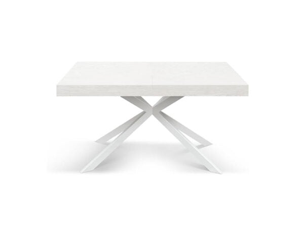 Tavolo CAMAIORE in legno, finitura bianco frassinato e base a X in metallo bianco, allungabile 160×90 cm – 240×90 cm