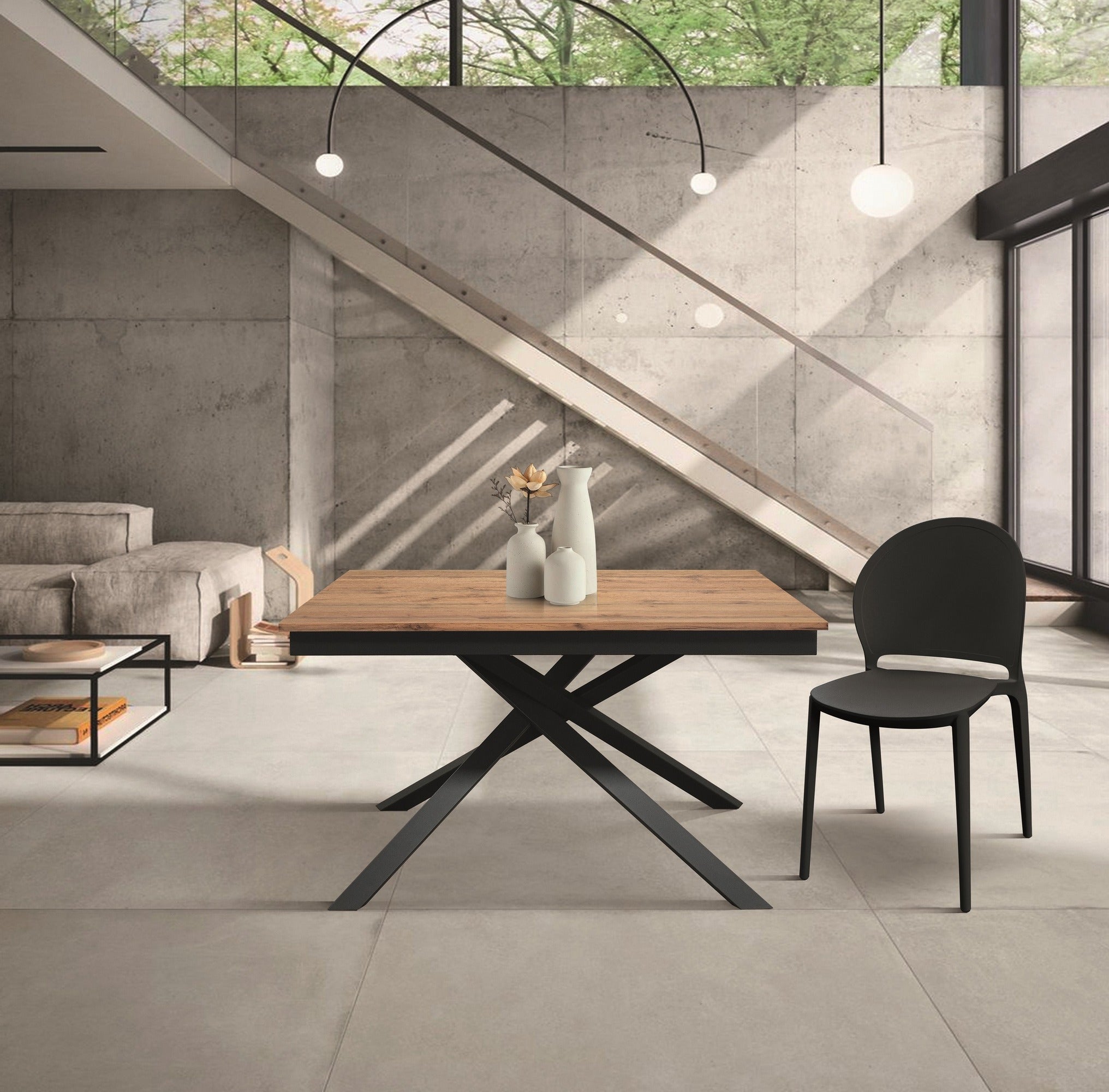 tavolo volpaia in legno, finitura rovere rustico e base in metallo verniciato antracite, allungabile 120×80 cm – 170×80 cm,...