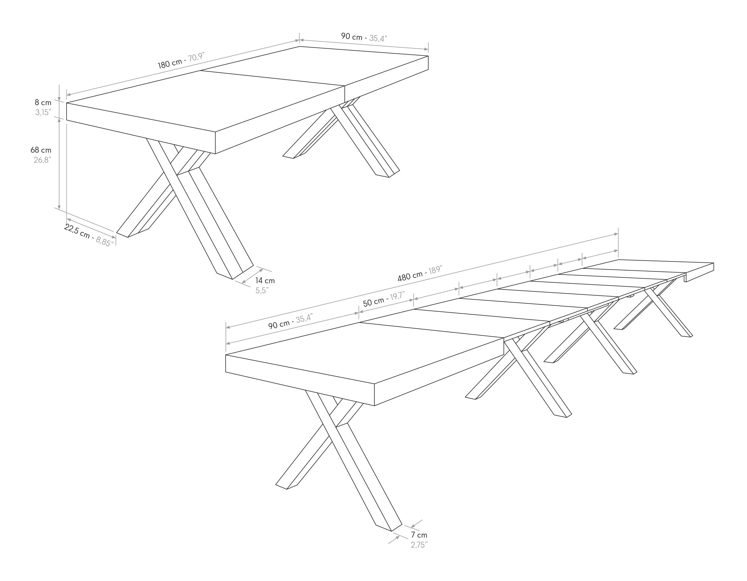 tavolo gallipoli in legno nobilitato effetto rovere rustico con gambe a x in legno antracite, allungabile 180×90 cm – 480×90...