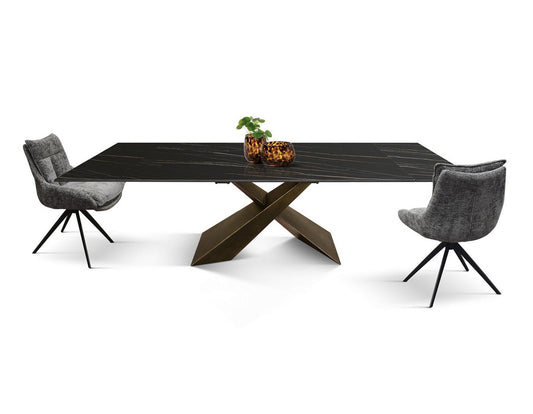 tavolo figari in vetroceramica matt golden nero con gambe a x in metallo bronzo, allungabile 180×90 cm – 260×90 cm,...