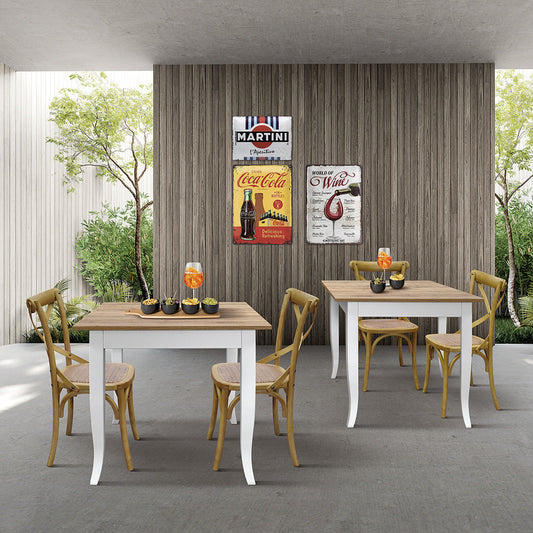 tavolo rimini in legno finitura rovere rustico e struttura in legno bianco 80×80 cm, dettaglio della struttura in legno o...