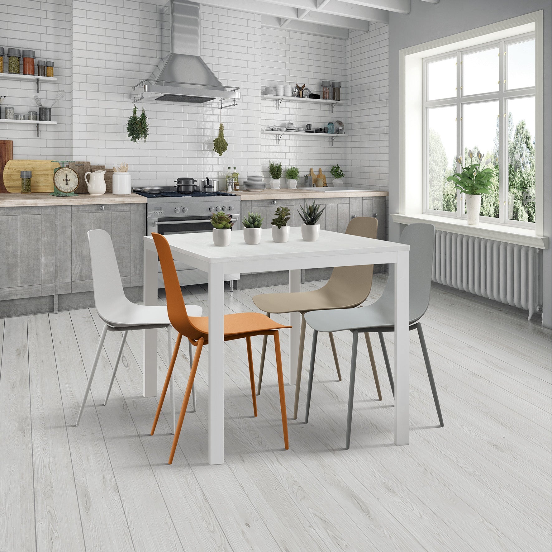 tavolo ravenna in legno finitura bianco anticato e struttura in metallo bianco 80×80 cm, ideale per ospitare pranzi o...