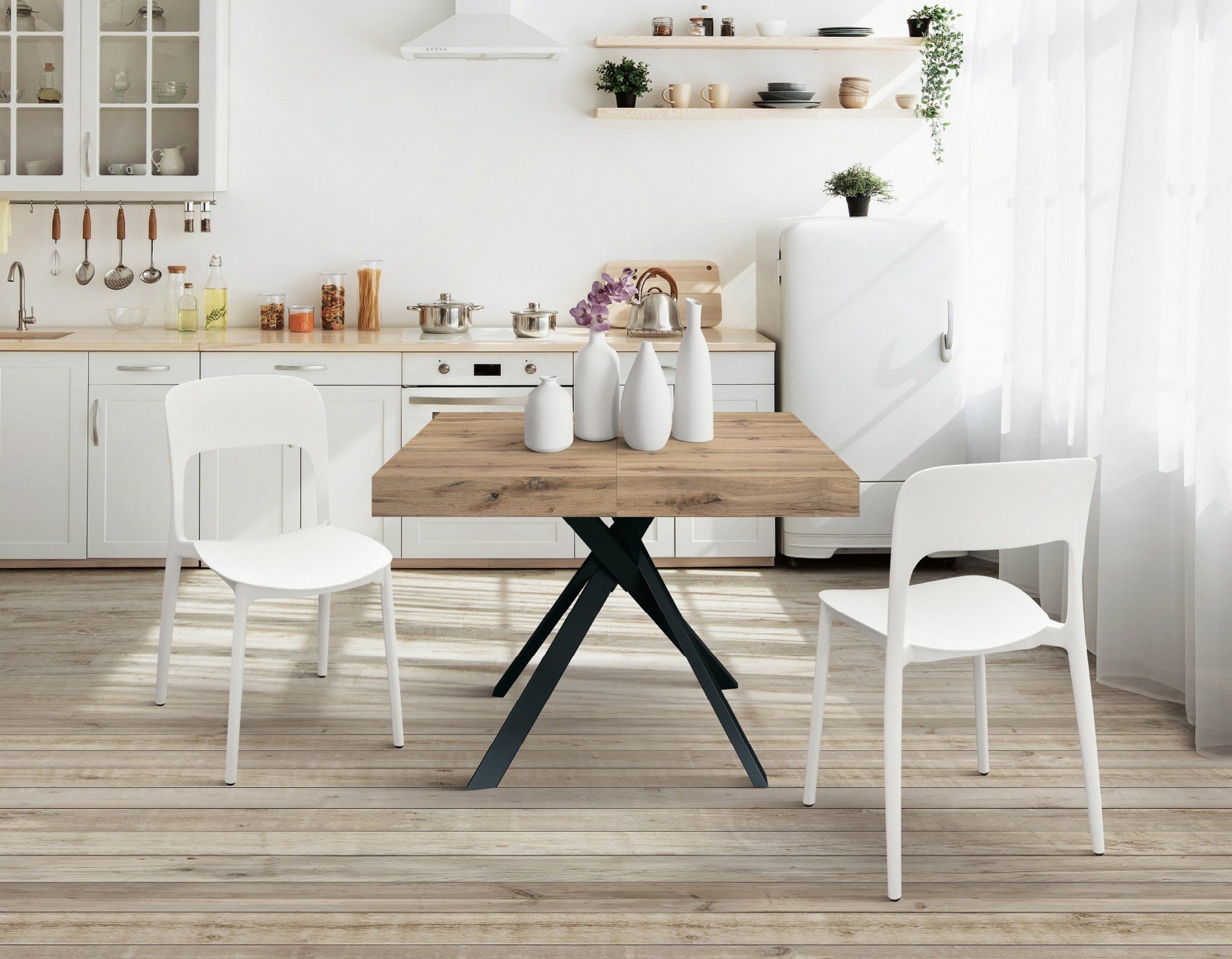 tavolo forte dei marmi in legno, finitura rovere rustico e gambe incrociate in metallo antracite, allungabile 95×90 cm – 145...