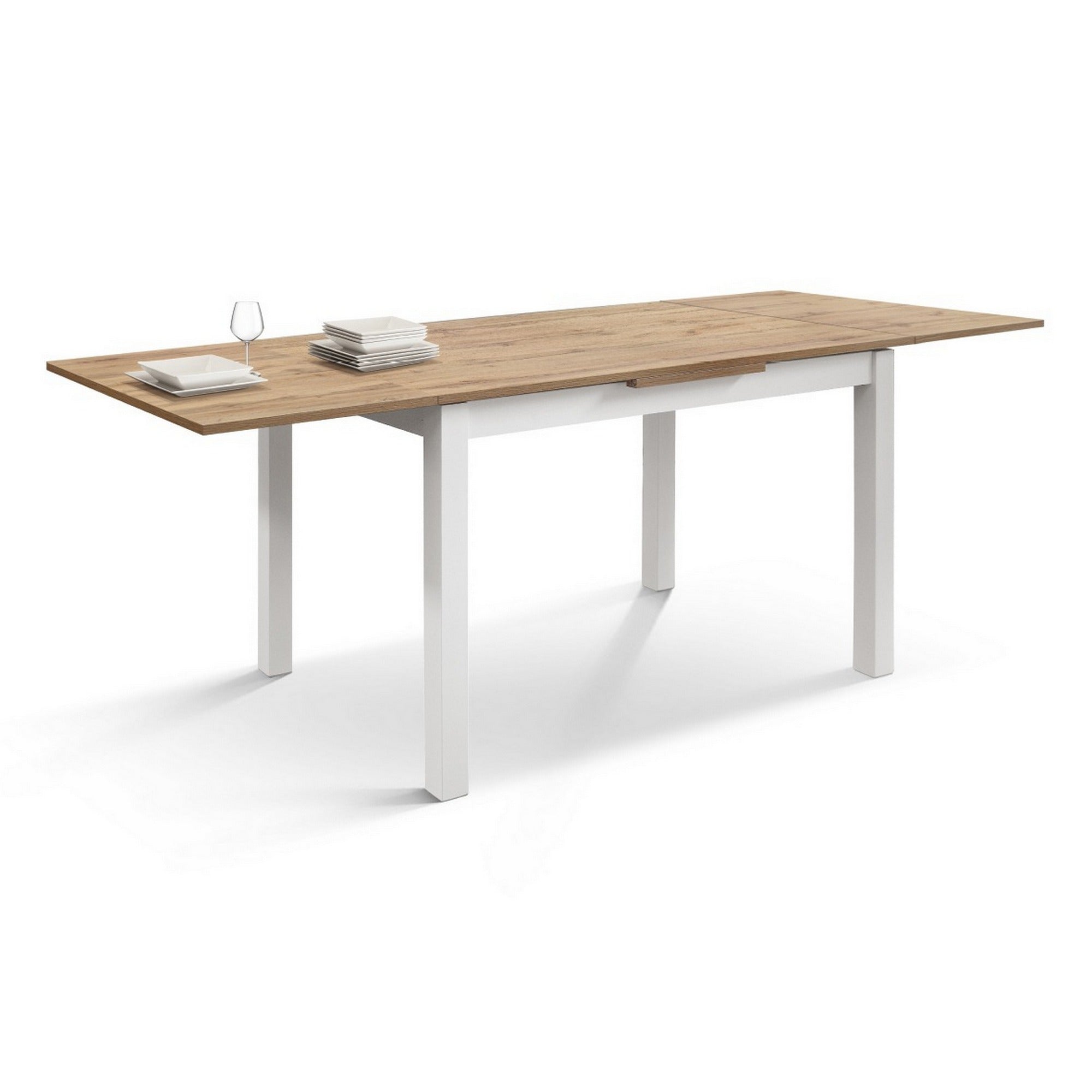 tavolo positano in legno effetto rovere e gambe bianche, allungabile 140x80 cm – 220×90 cm, vista ambientata con sedie...