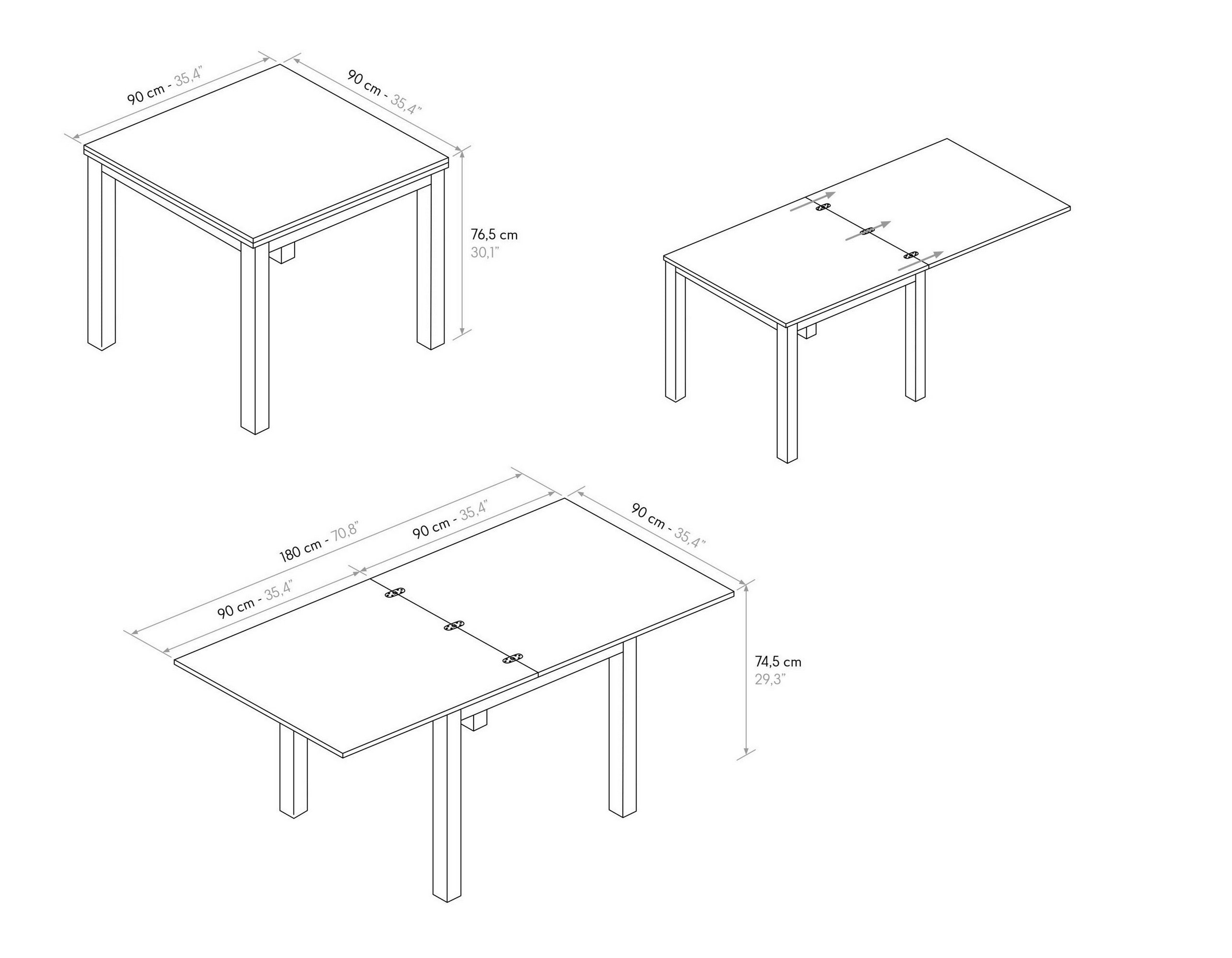 tavolo positano in legno effetto rovere e gambe bianche, allungabile a libro 90×90 cm – 180×90 cm, ideale per ospitare...