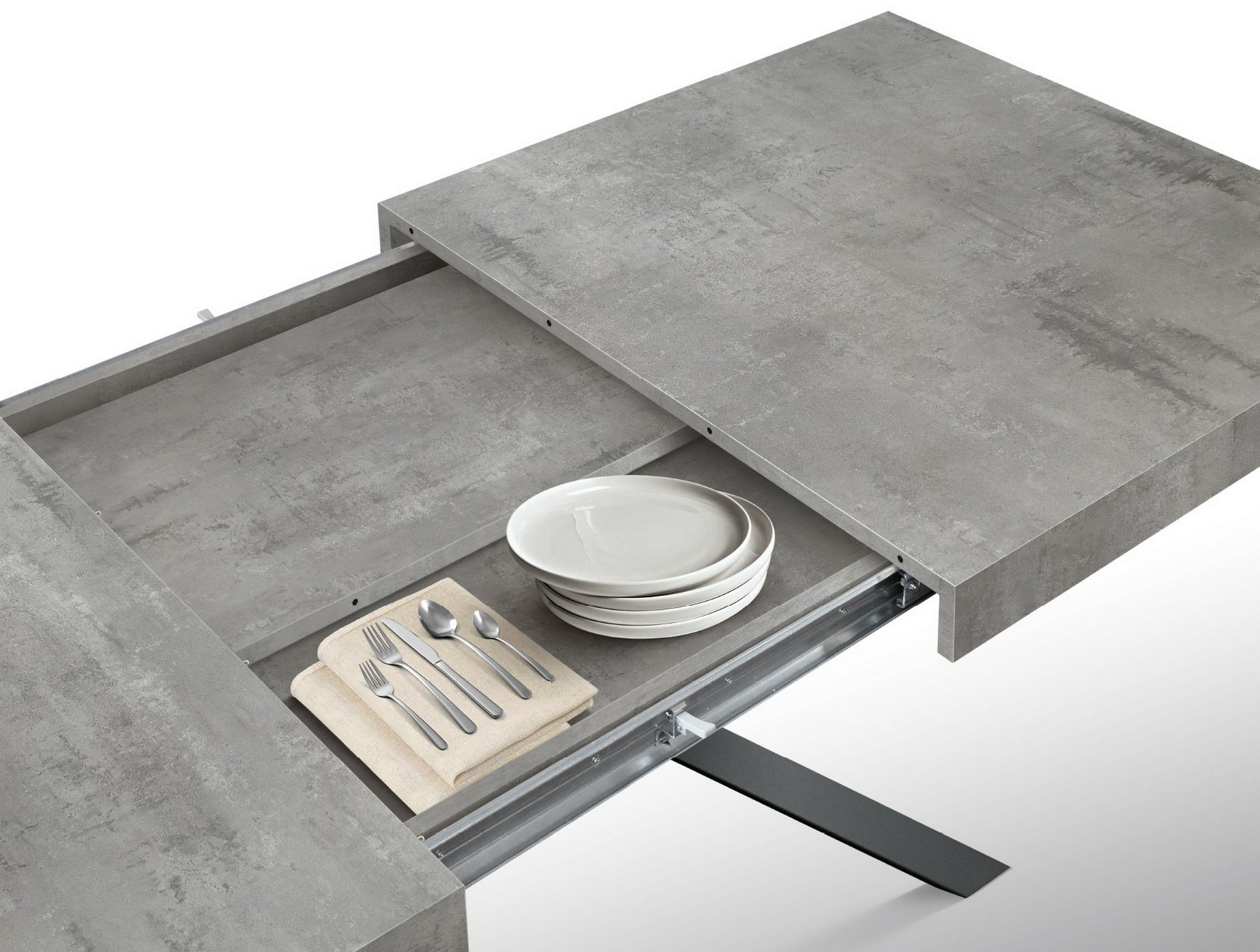 tavolo forte dei marmi in legno, finitura grigio cemento e gambe incrociate in metallo antracite, allungabile 95×90 cm – 145...