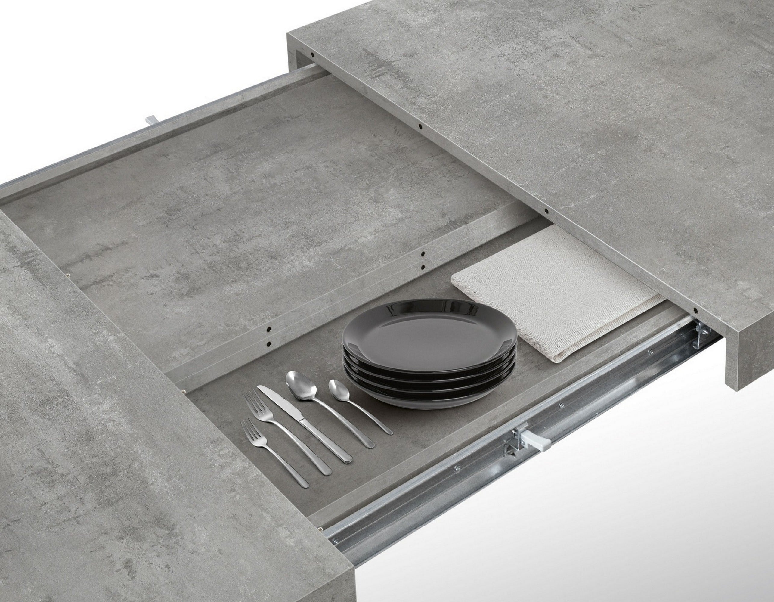 tavolo cinquale in legno, finitura grigio cemento con gambe in metallo antracite, allungabile 160×90 cm – 240×90 cm, vista...