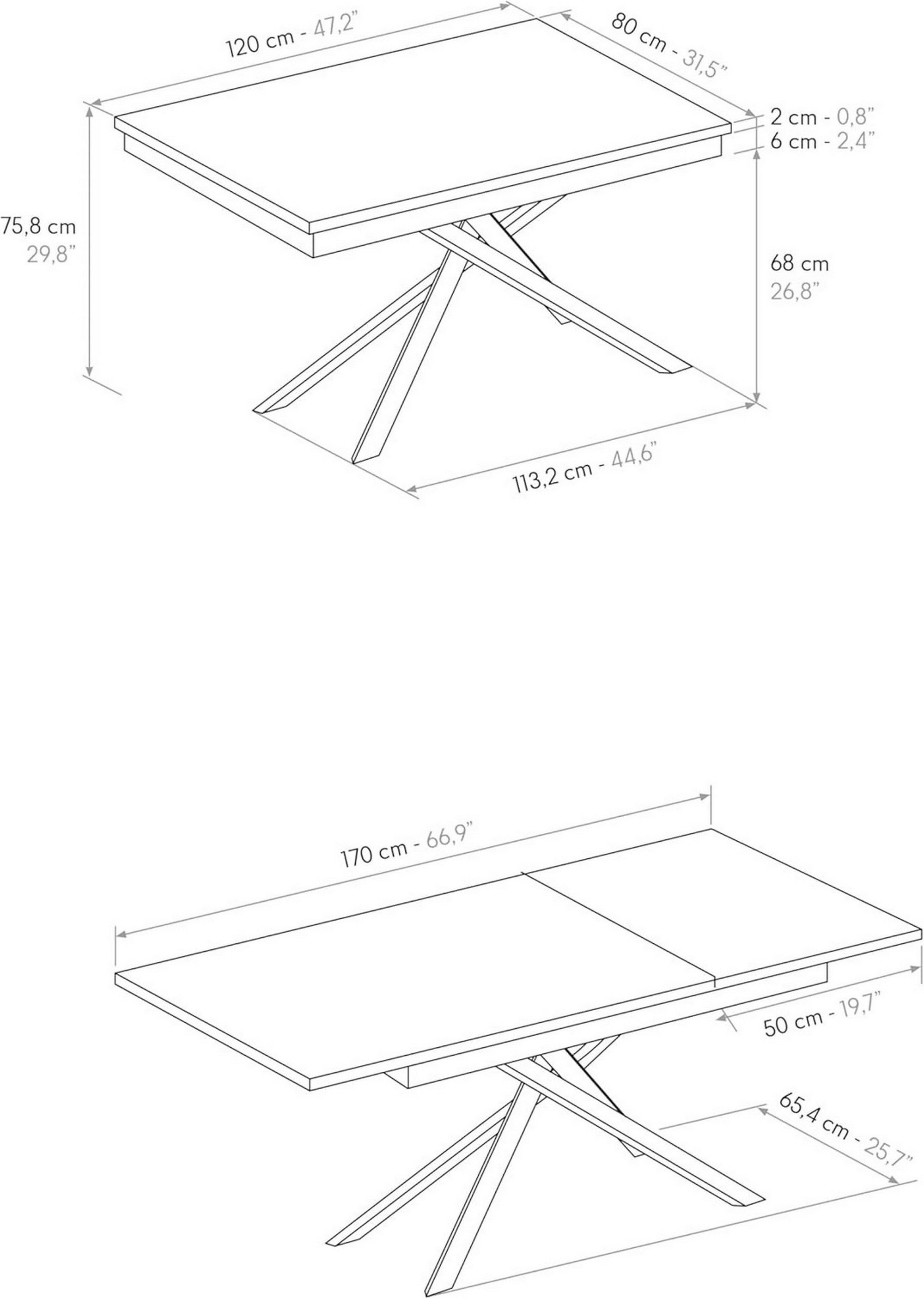 tavolo volpaia in legno, finitura rovere rustico e base in metallo verniciato bianco, allungabile 120×80 cm – 170×80 cm,...