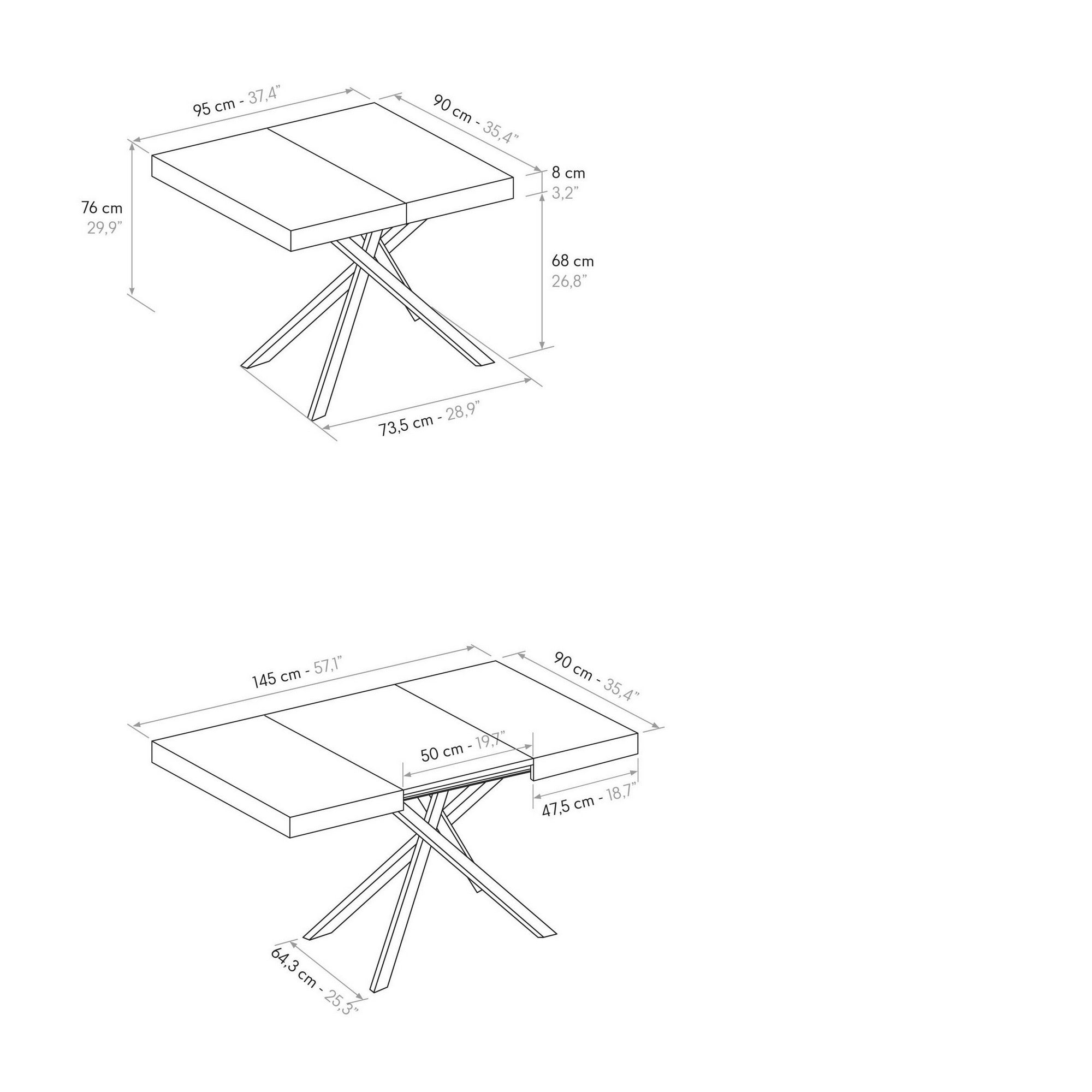 tavolo forte dei marmi in legno, finitura grigio cemento e gambe incrociate in metallo bianco, allungabile 95×90 cm – 145 x...