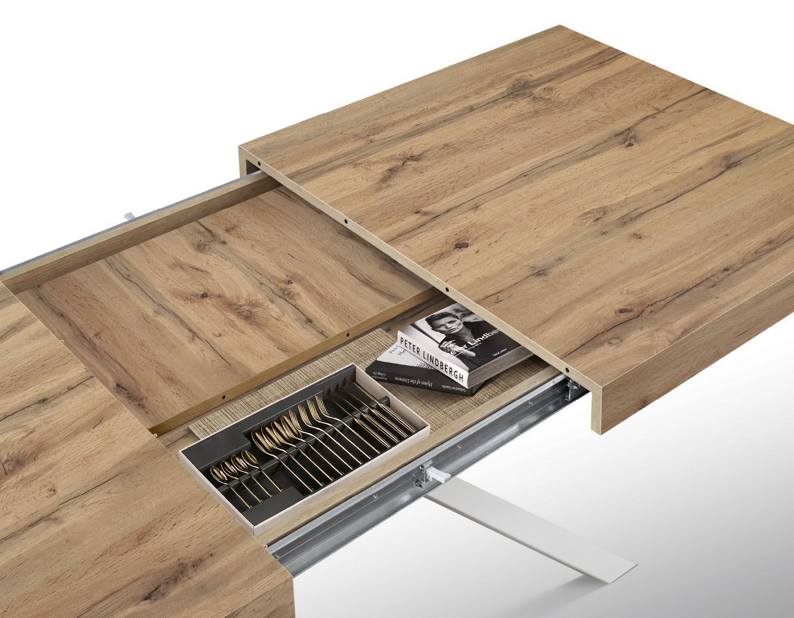 tavolo forte dei marmi in legno, finitura rovere rustico e gambe incrociate in metallo bianco, allungabile 95×90 cm – 145 x...